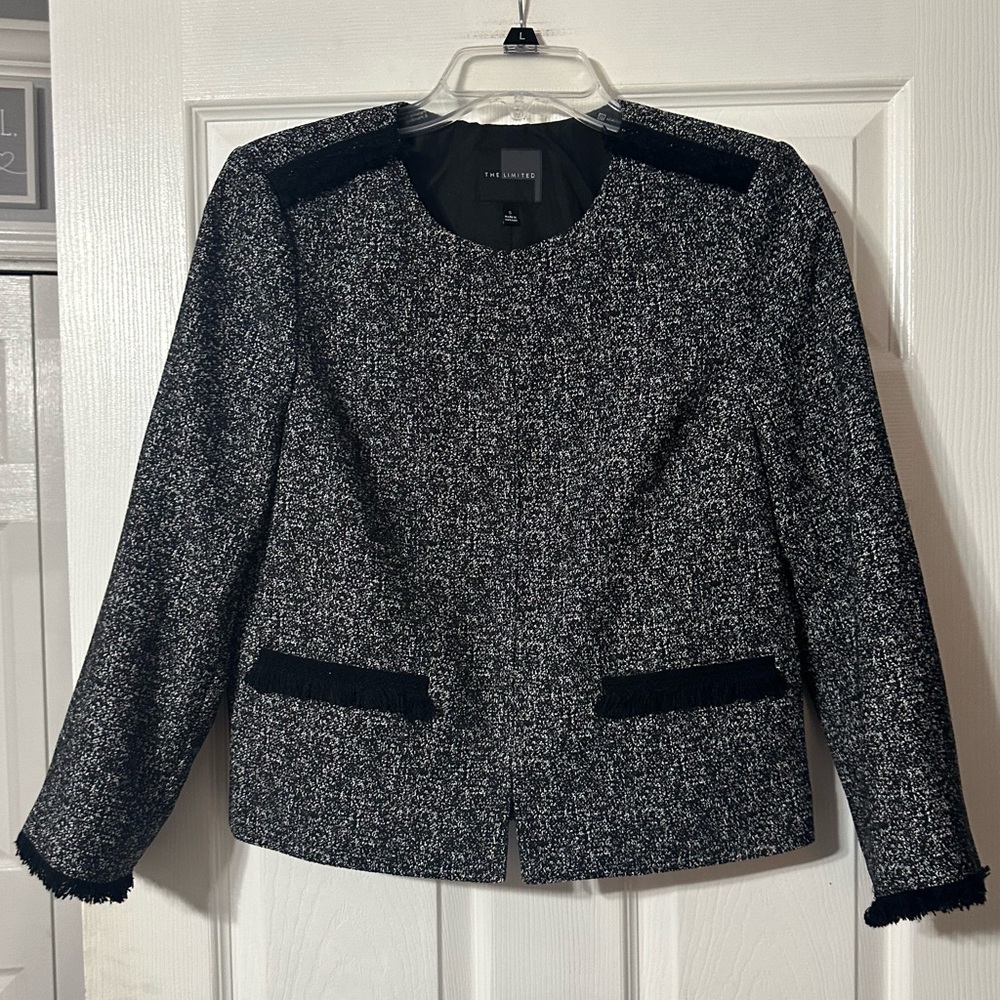 The Limited Women's Black/White Fringe Trim Tweed Jacket